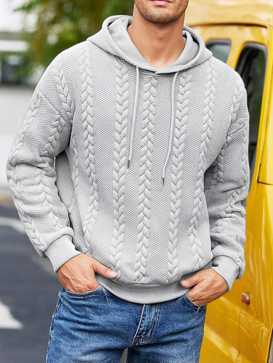 Men's structured hoodie sweatshirt with cable knit relief, drawstring and kangaroo pocket Mune Fashion