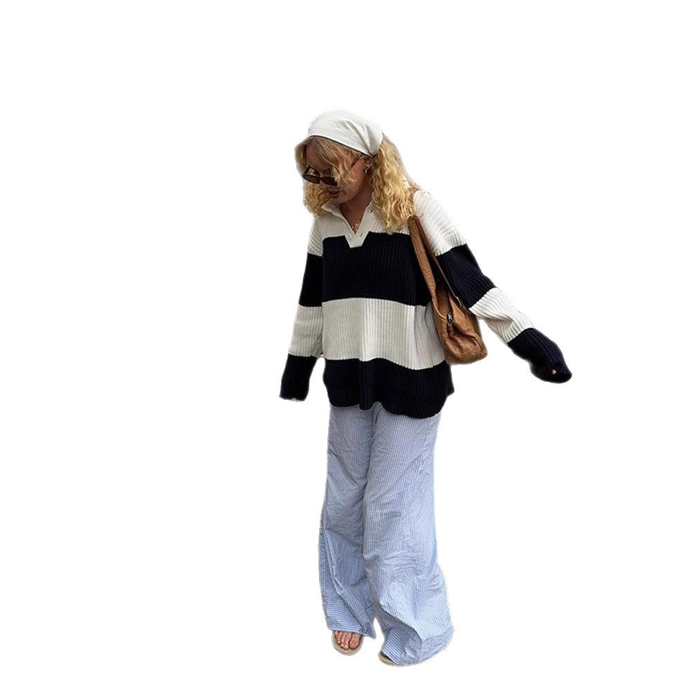 Women's Chunky Ribbed Oversized Polo Knit Sweater with Kent Collar and Block Stripes Mune Fashion
