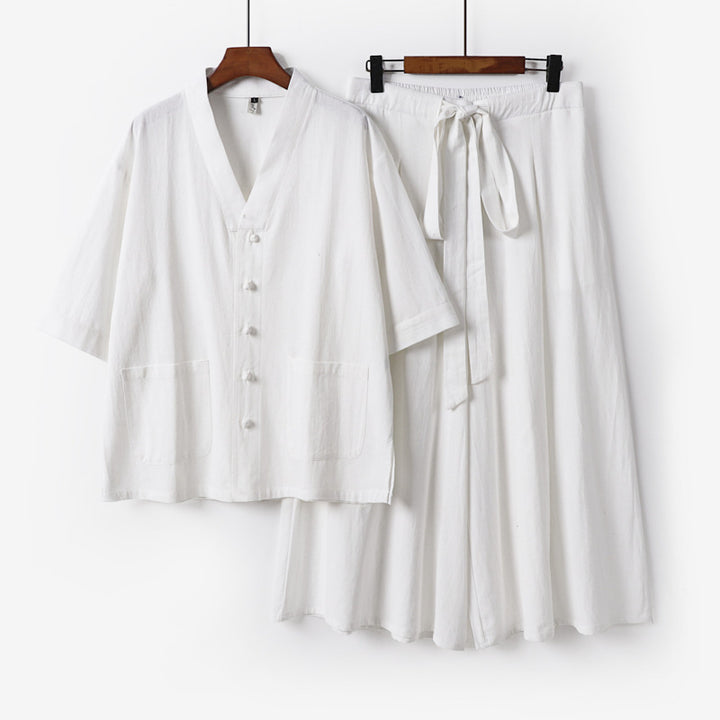 Women Two-Piece Kimono Lounge Set with Short Sleeve Button Jacket, Patch Pockets and Wide Palazzo Pants Mune Fashion