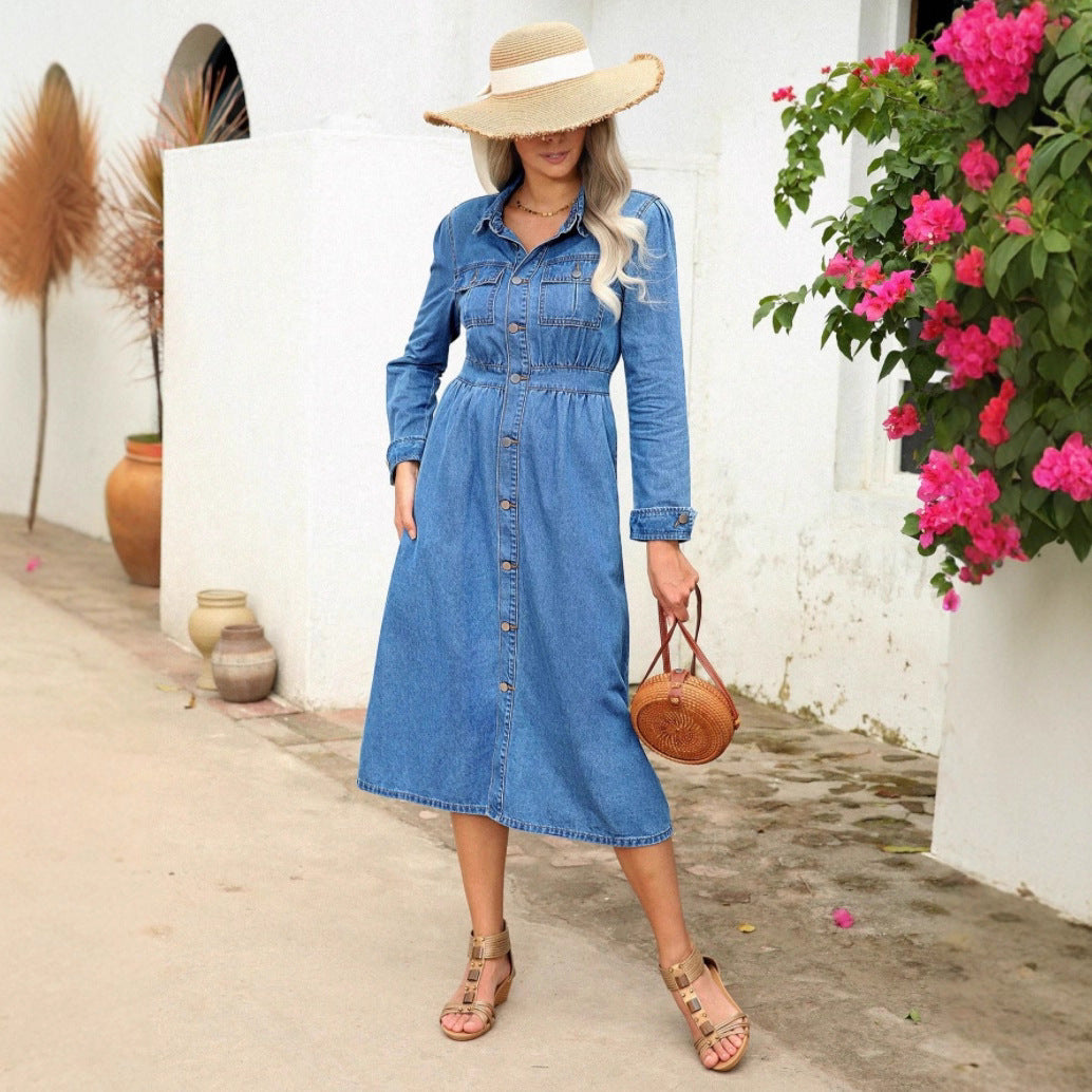 Women's denim midi dress with button placket, tailored fit and chest pockets Mune Fashion