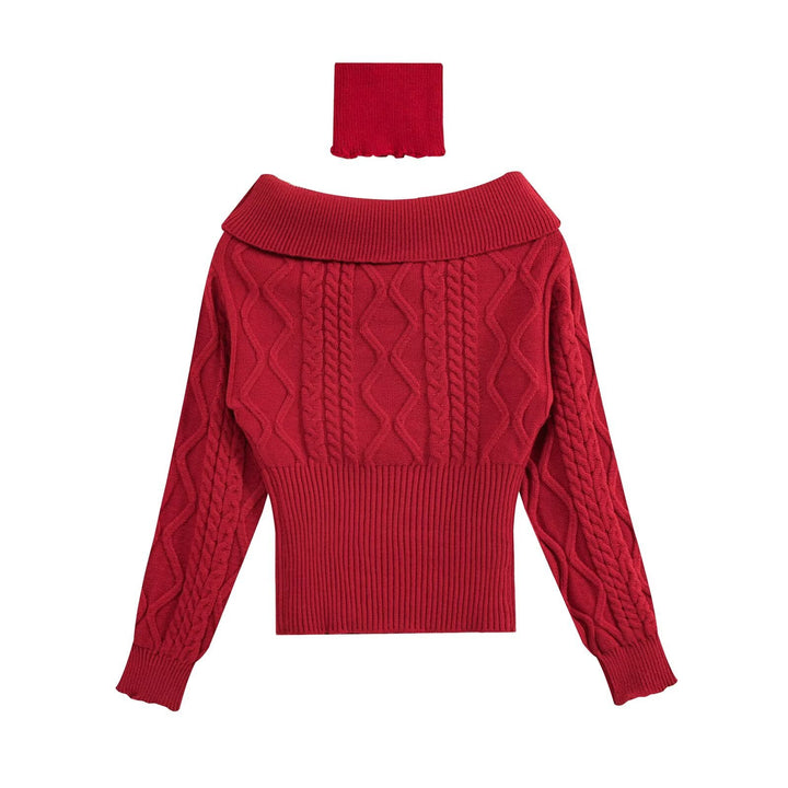 Women Off-Shoulder Cable Knit Sweater with Wide Folded Collar Drune