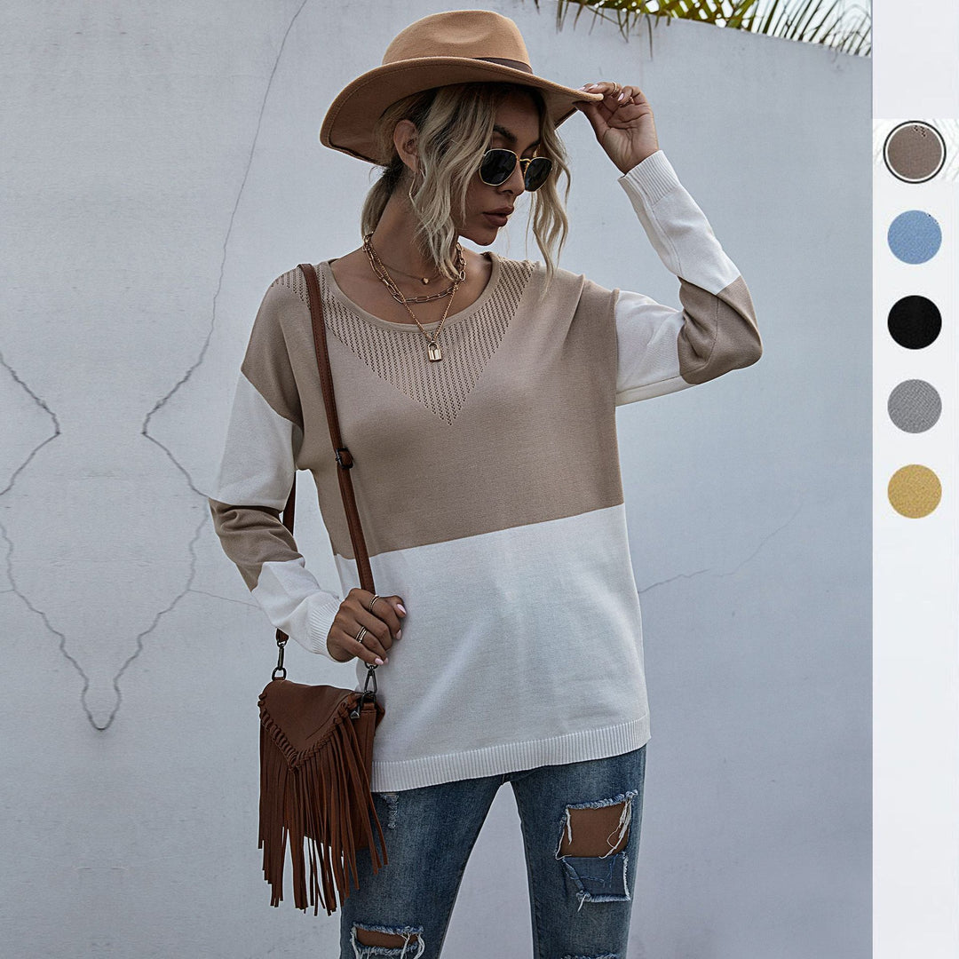 Women's Loose Knit Sweater in Block Pattern with V-Lace Detail Mune Fashion
