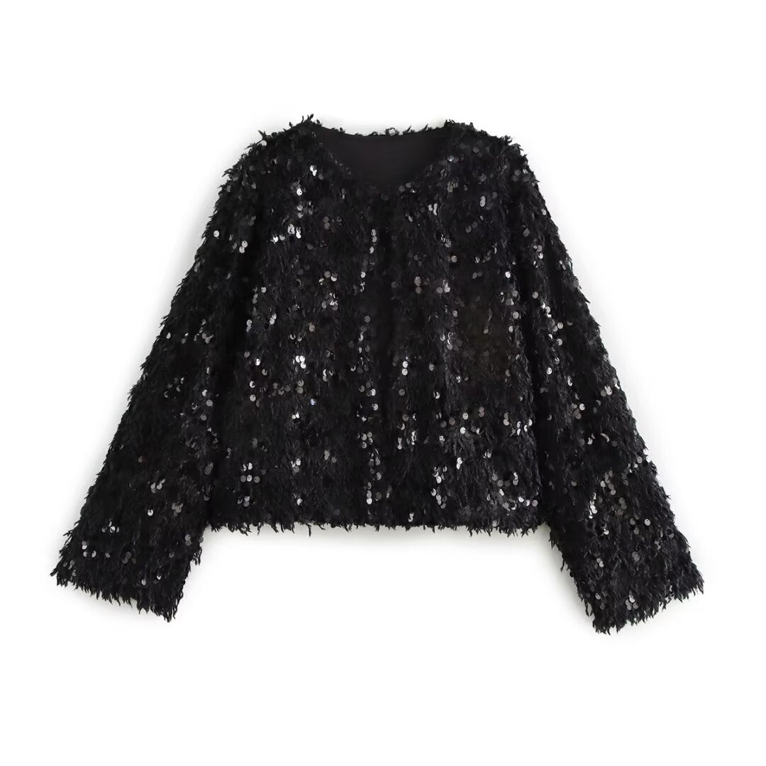 Women's Cropped Jacket made of fluffy Faux Fur with sequin trim Mune Fashion