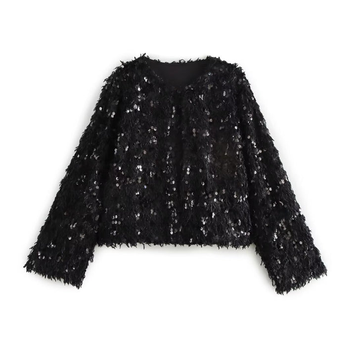 Women's Cropped Jacket made of fluffy Faux Fur with sequin trim Mune Fashion