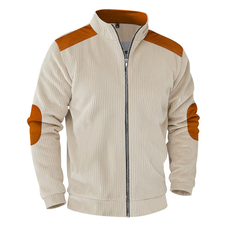 Men's ribbed stand-up collar sweat jacket with full zip, shoulder and elbow patches Mune Fashion