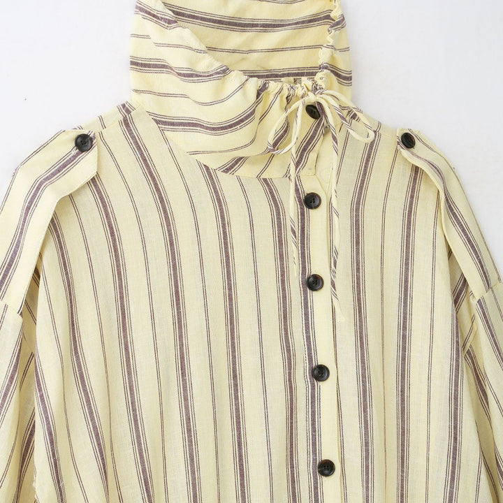 Women's Striped Lightweight Drawstring Shirt Jacket with Stand Collar Mune Fashion