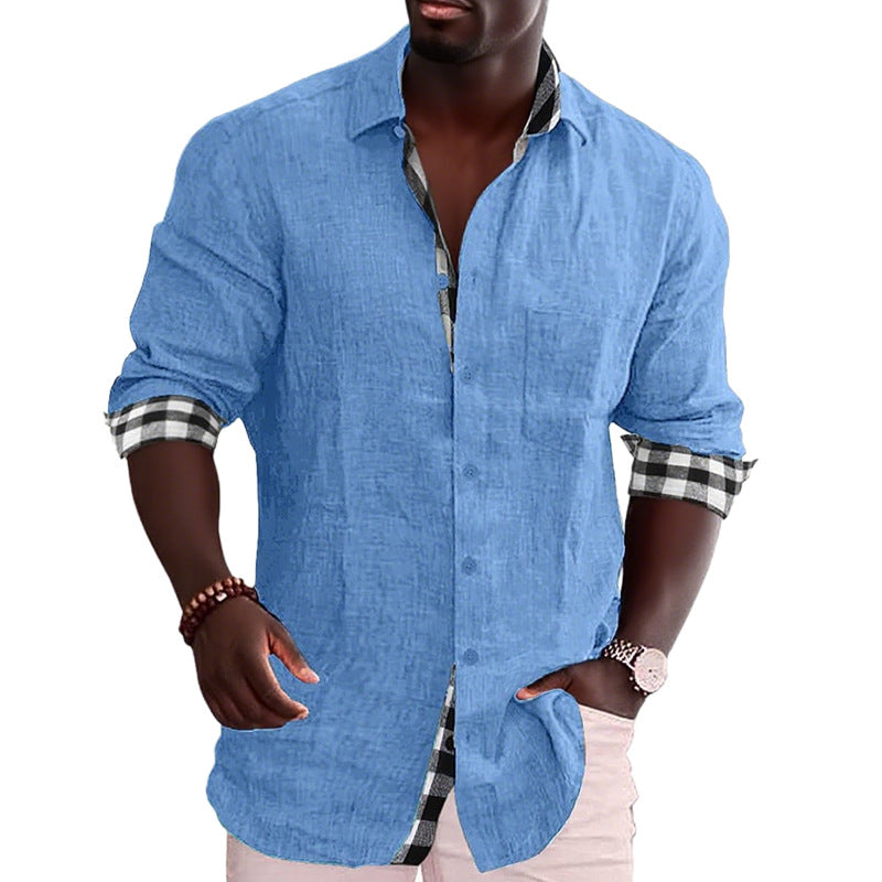 Men's linen mix casual shirt with contrasting check cuffs and a patch breast pocket Mune Fashion
