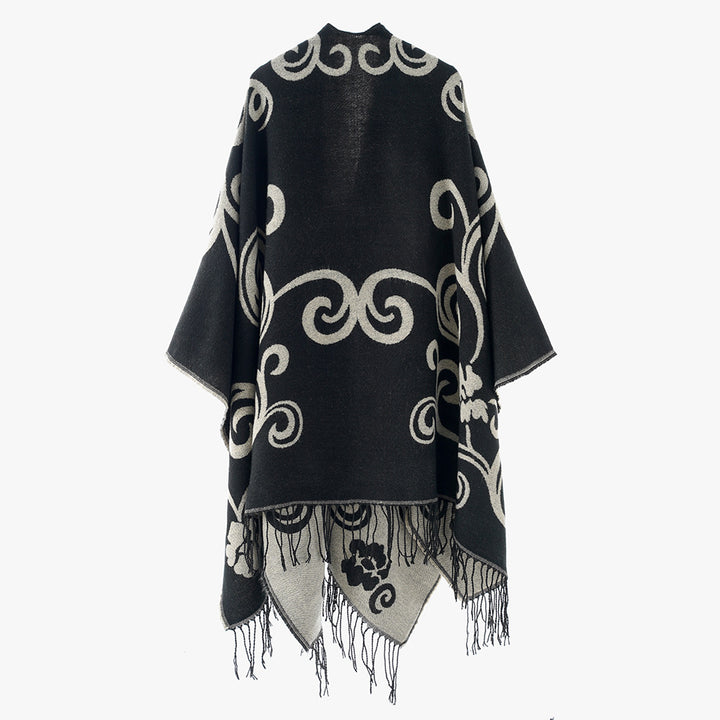 Women's jacquard poncho-style overlay with reversible function and fringed hem Mune Fashion