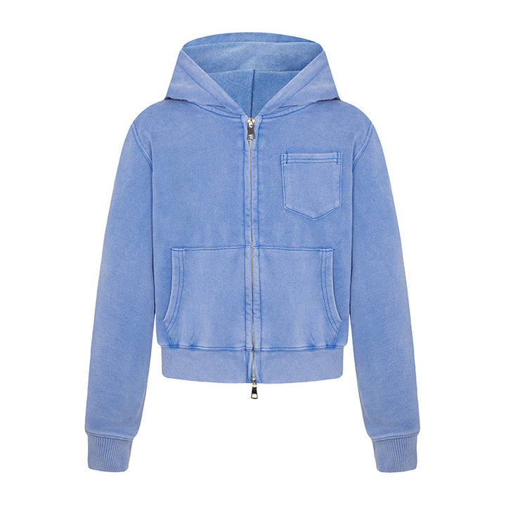 Ladies short-cut hooded zip jacket made of garment-dyed cotton fleece with chest pocket Mune Fashion