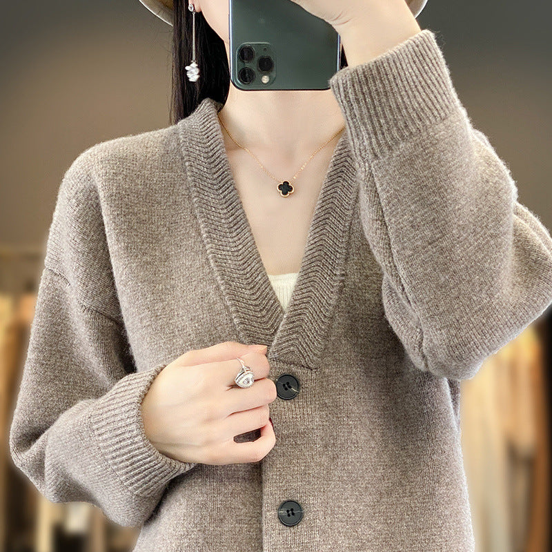 Ladies Soft Boxy Long Cardigan with Deep V-Neck and Fine Ribbed Edge