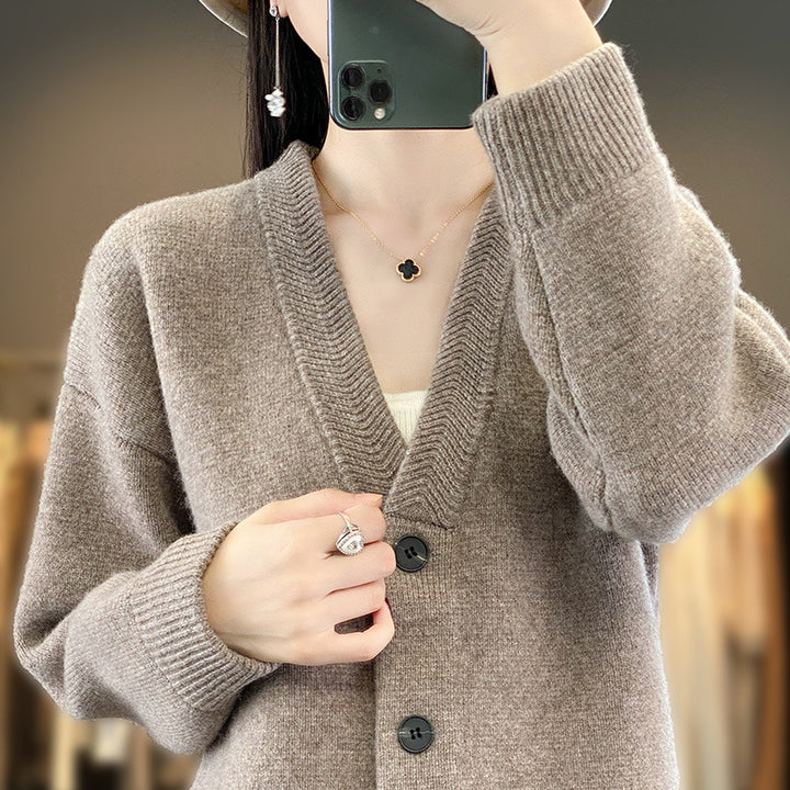 Ladies Soft Boxy Long Cardigan with Deep V-Neck and Fine Ribbed Edge