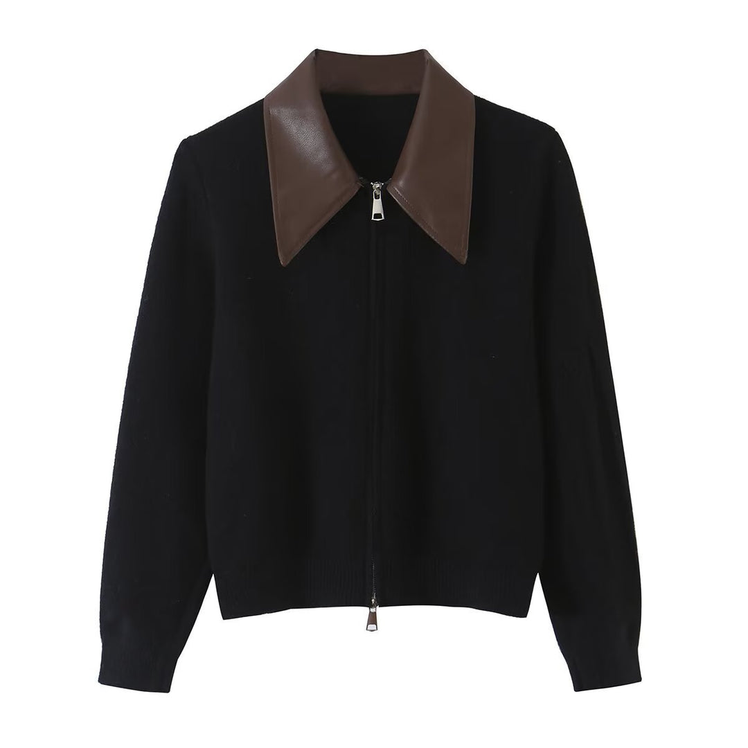 Women Short Wool Blend Cardigan with Zipper and Contrasting Faux Leather Collar Mune Fashion