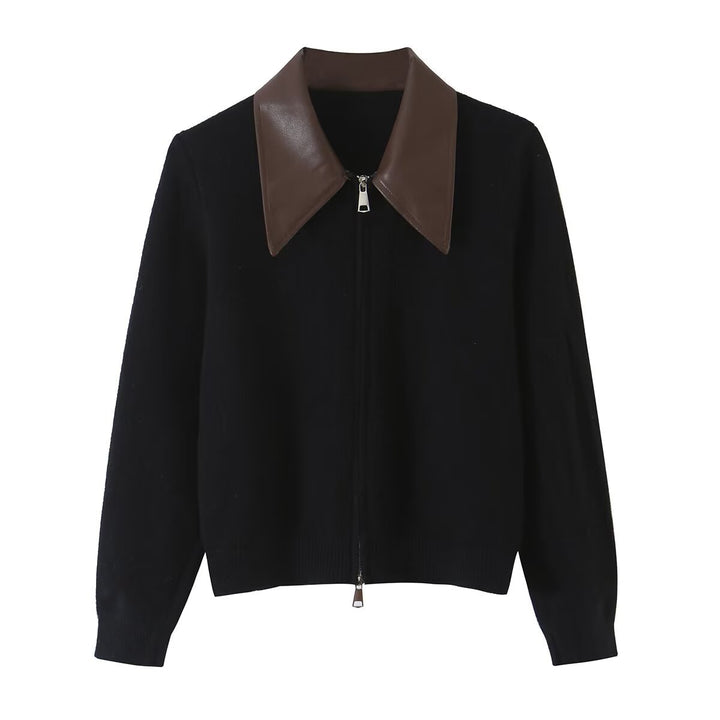 Women Short Wool Blend Cardigan with Zipper and Contrasting Faux Leather Collar Mune Fashion