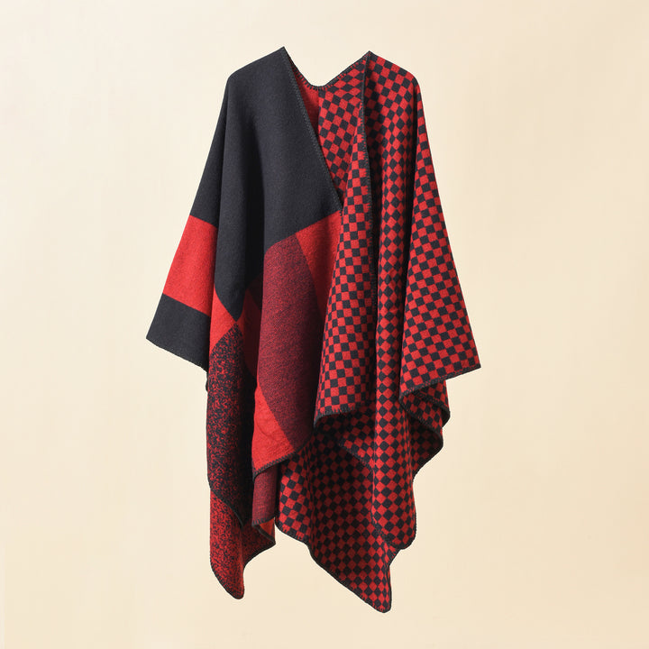 Women's Reversible Checked Pattern Cape Poncho made of Wool Blend with Boxy Oversized Fit Mune Fashion
