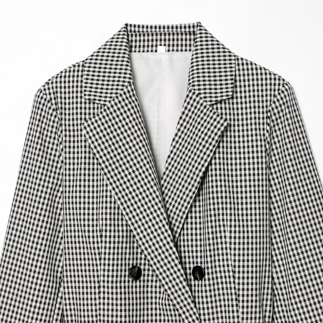 Women's fitted double-breasted blazer with drawstring and checked pattern Mune Fashion
