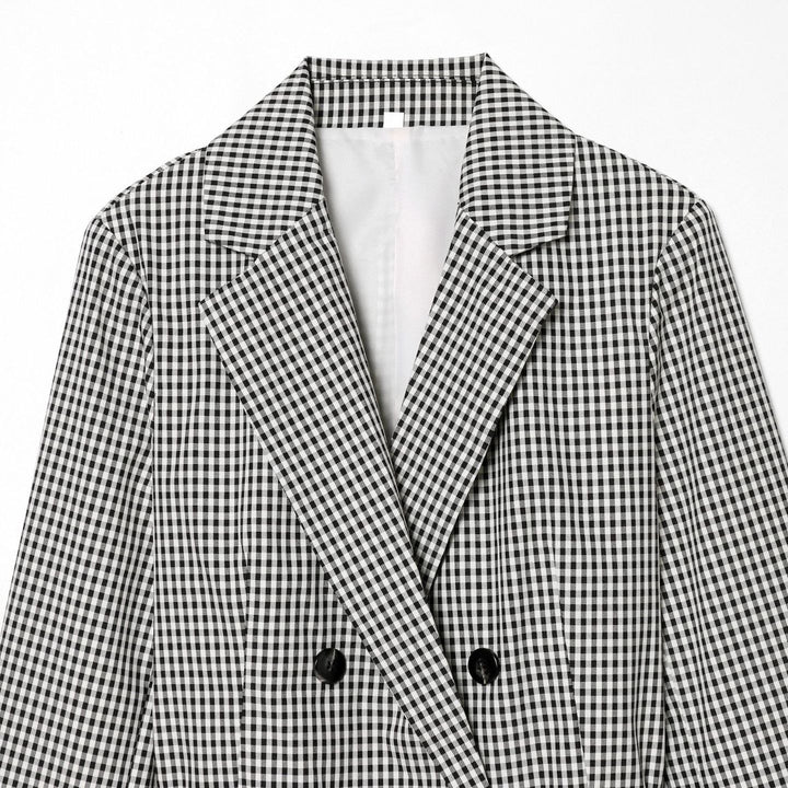 Women's fitted double-breasted blazer with drawstring and checked pattern Mune Fashion