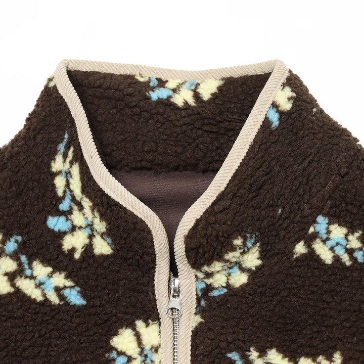 Women's teddy fleece jacket with floral allover pattern, stand-up collar and zipper Mune Fashion