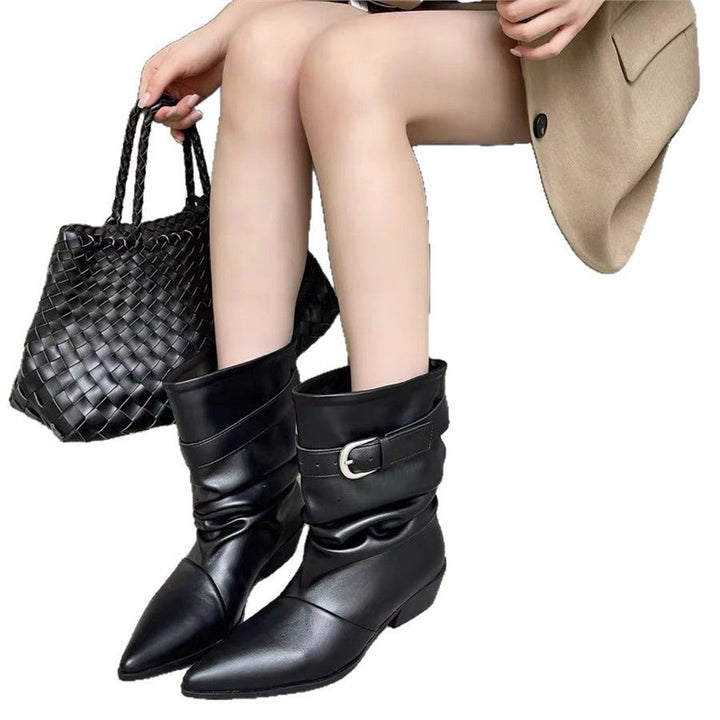 Women’s Mid-Calf Slouch Western Boots with Pointed Toe, Gathered Shaft and Decorative Buckle Mune Fashion