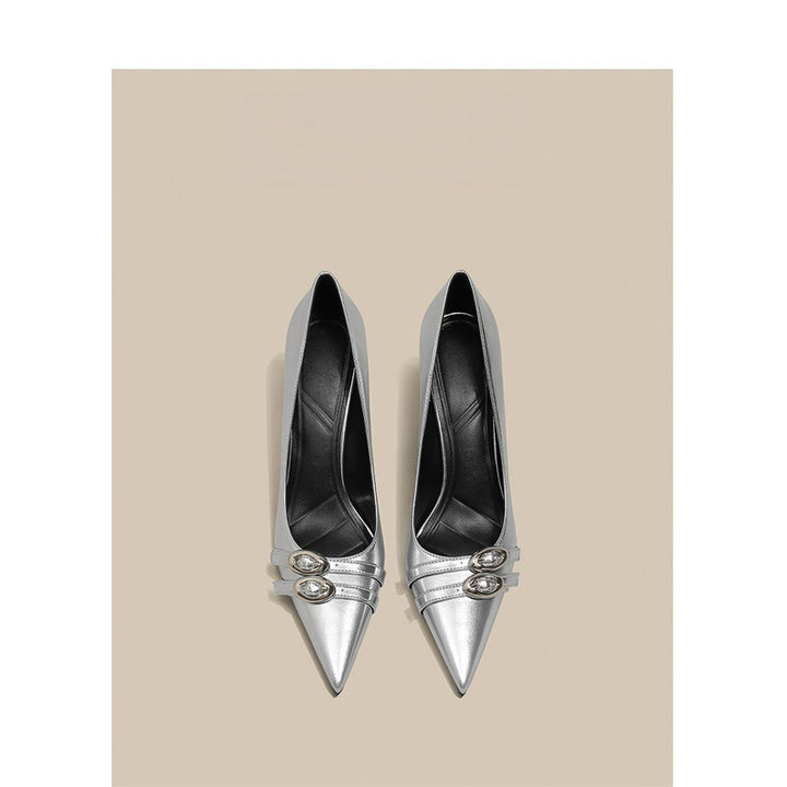 Women pointed toe patent pumps with narrow stiletto and decorative shiny buckle Mune Fashion