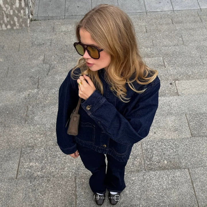 Women's Boxy Denim Jacket with Stand-up Collar, Patch Pockets and Roll-up Cuffs Mune Fashion