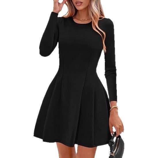 Women's Long-Sleeve A-Line Skater Dress with Figure-Flattering Seams Drune