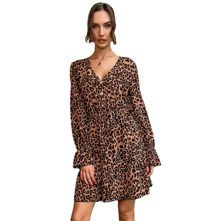 Women's Tiered Minidress with V-Neck, Waist Drawstring and Leopard Print Mune Fashion