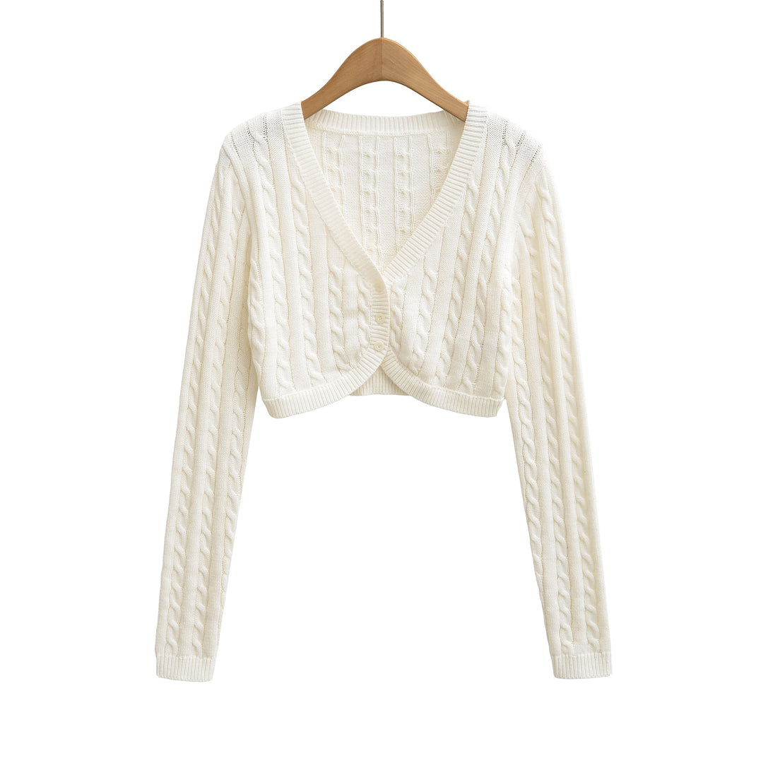 Women Short-Cut Cable Knit Cardigan with V-Neck and Button Placket Mune Fashion