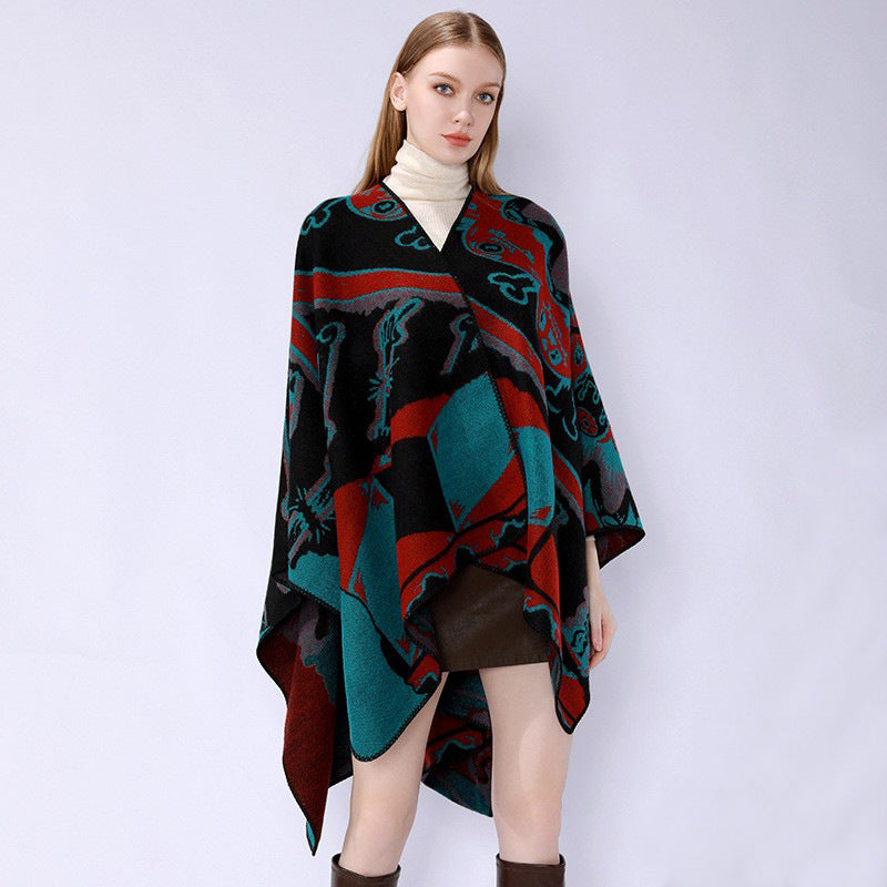 Women's Jacquard Cape Poncho with Musical Ornament and Rolled Edge Mune Fashion