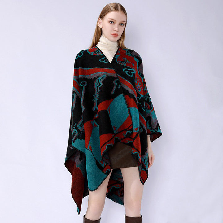 Women's Jacquard Cape Poncho with Musical Ornament and Rolled Edge Mune Fashion
