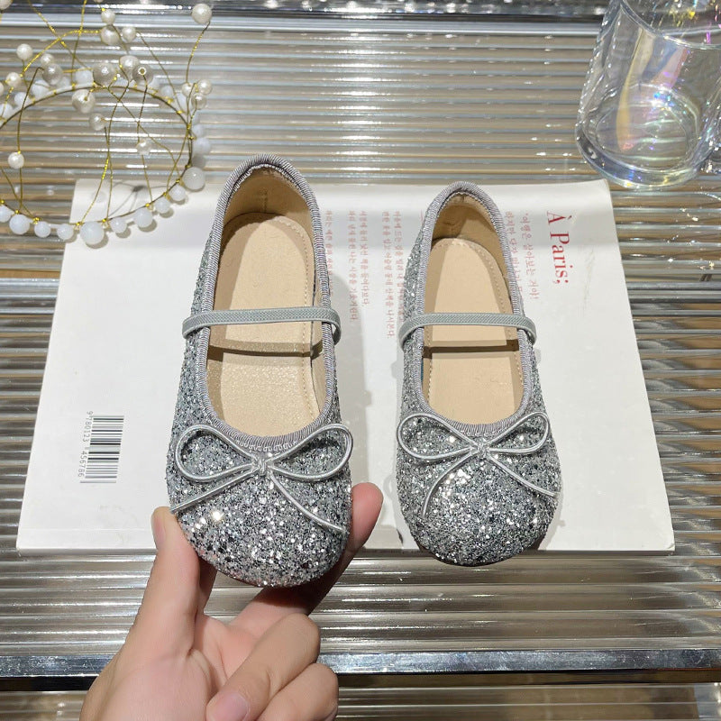 Girl Glittering Ballerinas with Decorative Bow Decoration Mune Fashion