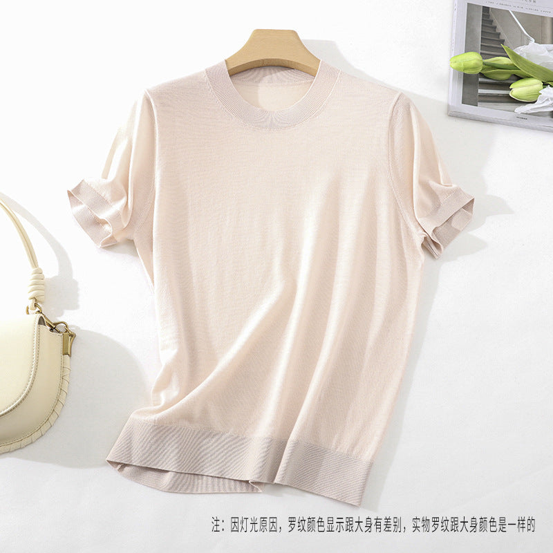 Women Lightweight Short Sleeve Knit Top made of fine Jersey with Round Neck and Hem Trim Mune Fashion