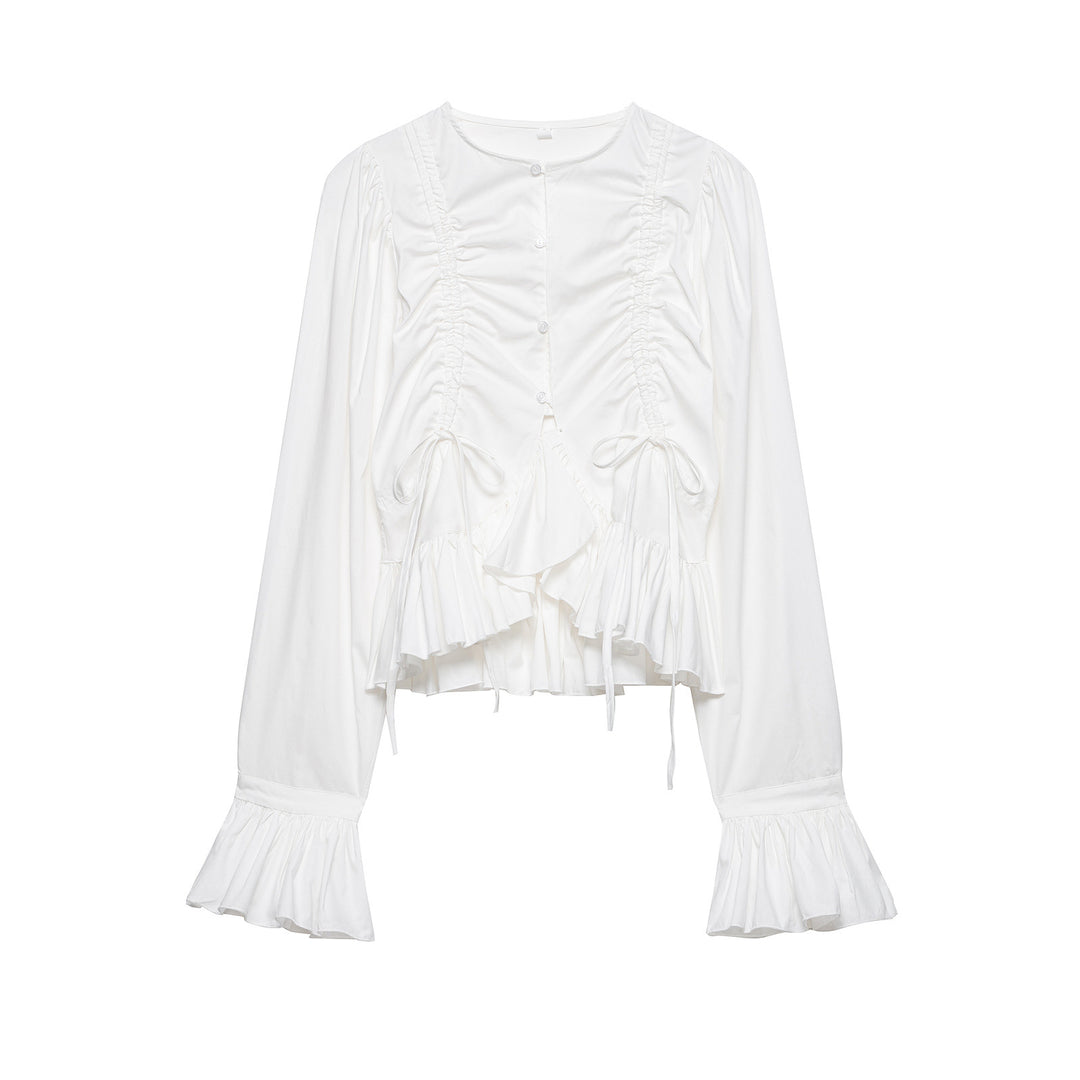 Women Ruffled Blouse with Drawstring, Balloon Sleeves and Ruffle Hem Mune Fashion