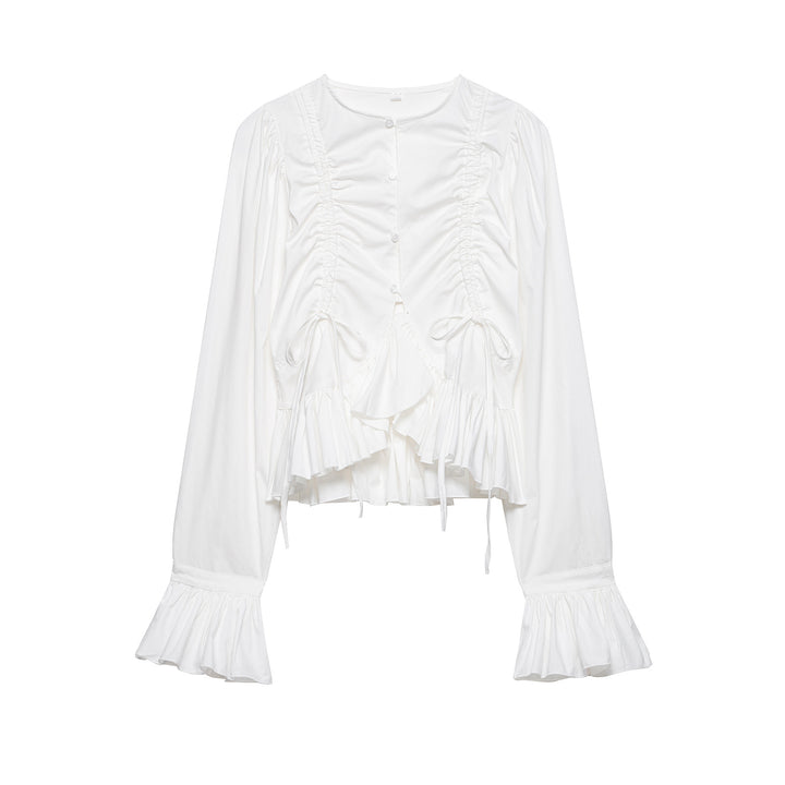 Women Ruffled Blouse with Drawstring, Balloon Sleeves and Ruffle Hem Mune Fashion
