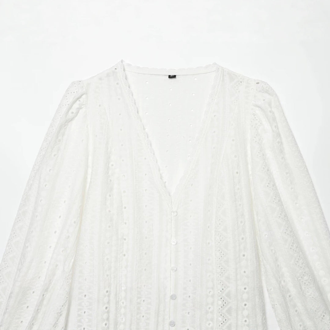Women's cotton lace cardigan with V-neck, button placket and balloon sleeves Mune Fashion