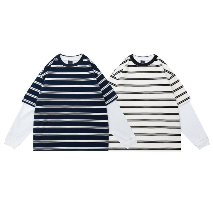 Unisex Layered Look Long Sleeve Shirt with Striped Oversized Top and Inserted Inner Sleeves Mune Fashion