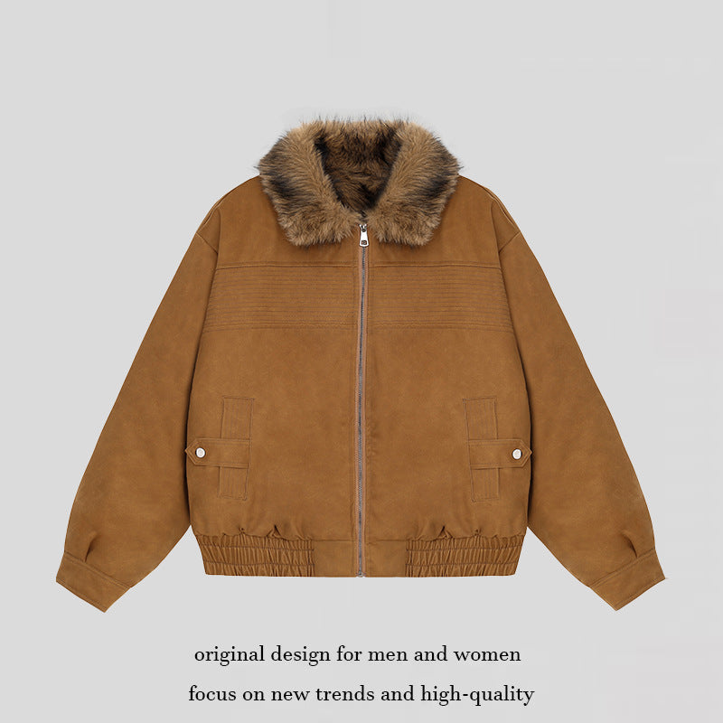 Women's Cropped Bomber Jacket with Faux Fur Collar, Zipper and Elastic Hem Mune Fashion