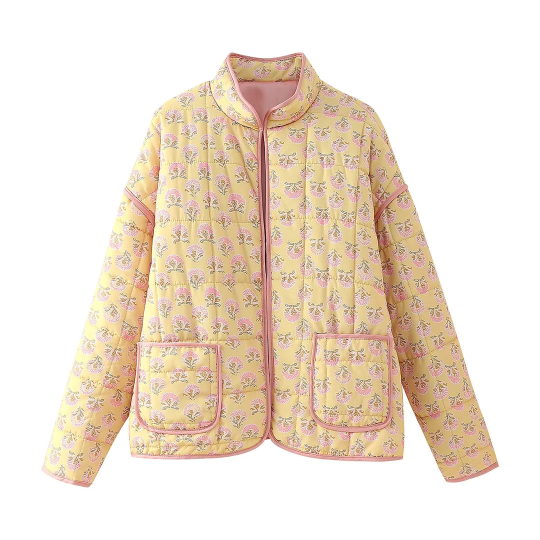 Women's quilted floral jacket with stand-up collar, zipper, and patch pockets Mune Fashion