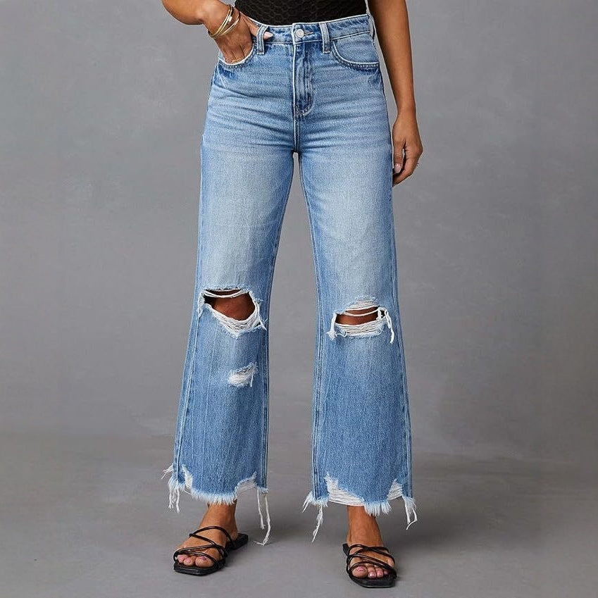 Women's high-waisted flared Destroyed Jeans with knee fraying and raw hem Mune Fashion