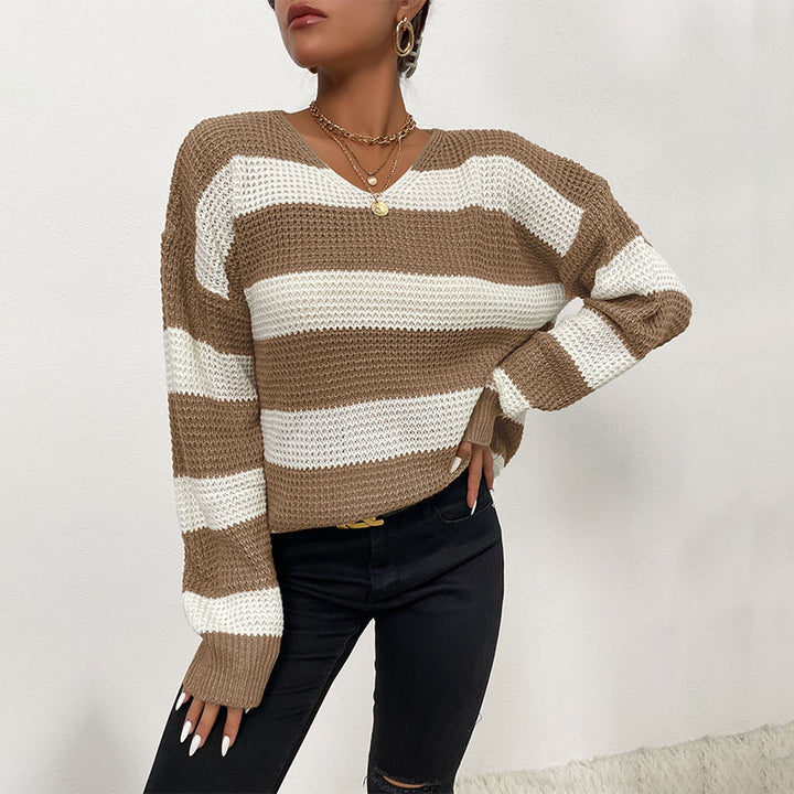 Women Striped Knit Sweater with V-Neck and Casual Oversize Fit Mune Fashion