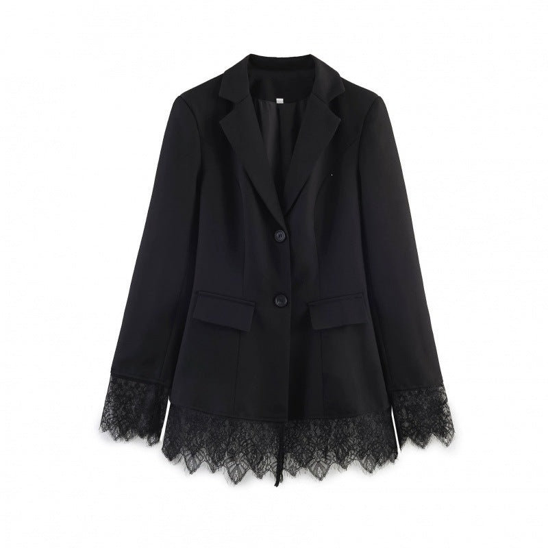 Women tailored blazer with lace trim and flared hem Mune Fashion