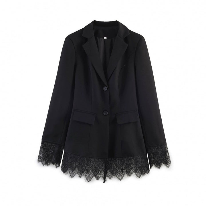 Women tailored blazer with lace trim and flared hem Mune Fashion
