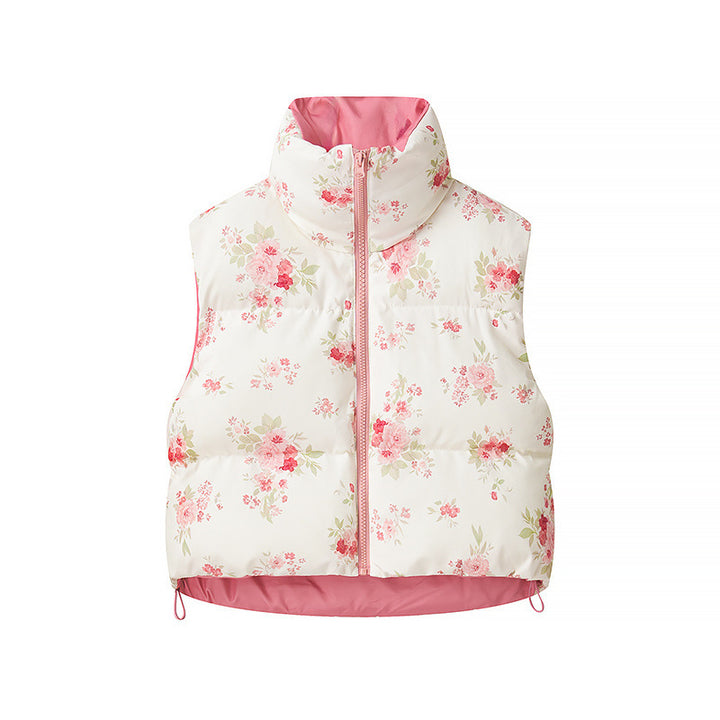 Women short cut quilted vest with stand-up collar and floral pattern Mune Fashion