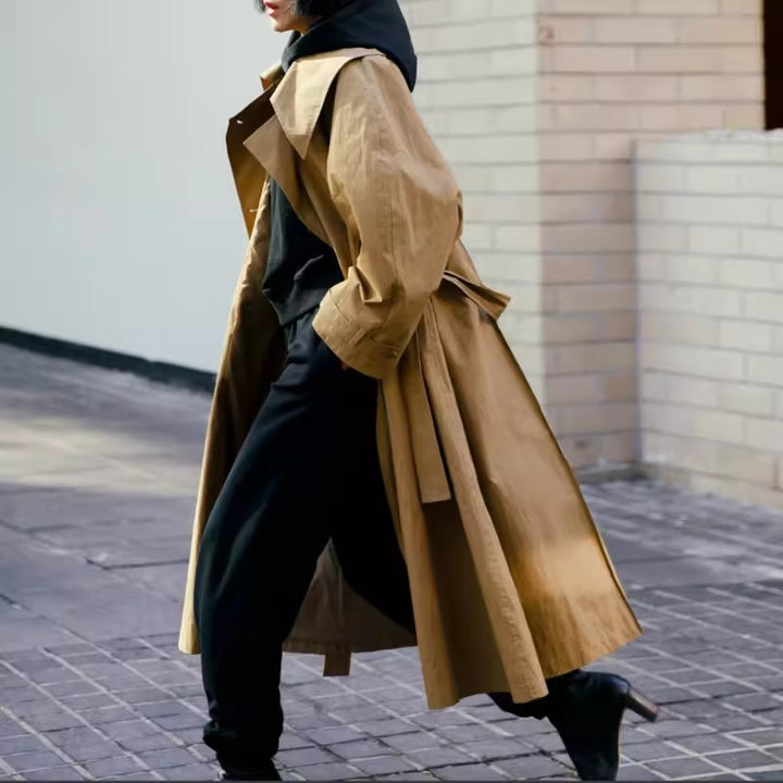 Women Voluminous Trench Coat in Oversize Look with Wide Waterfall Collar and Waist Tie Belt Mune Fashion