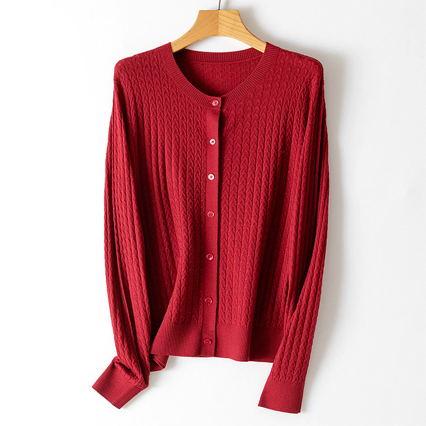 Women's Fine Knit Cardigan with Cable Pattern, Crew Neck and Button Placket Mune Fashion