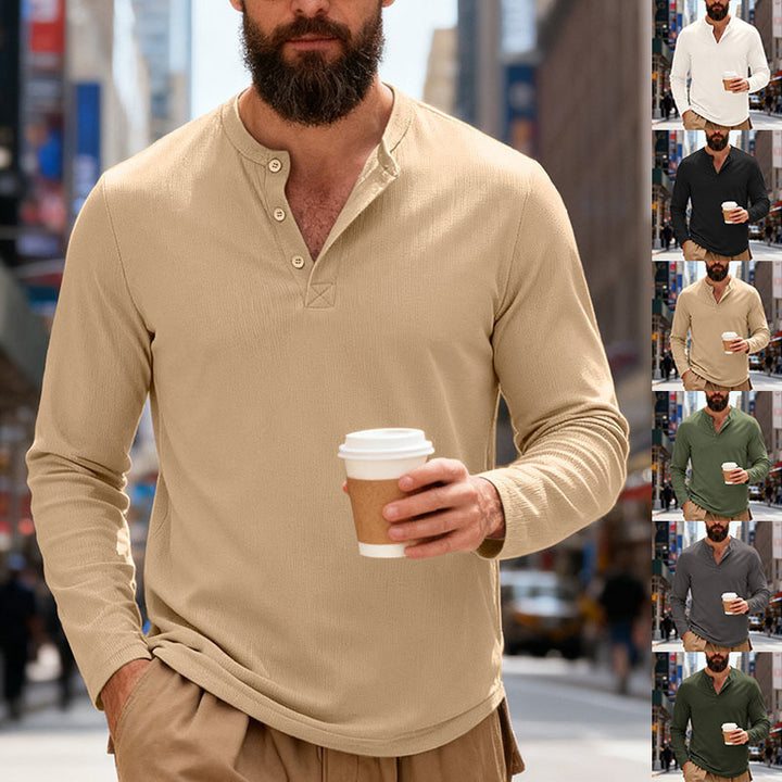 Men's nan Thermo-Henley-Long Sleeve Shirt with Waffle Structure, Round Neckline and Button Placket Mune Fashion