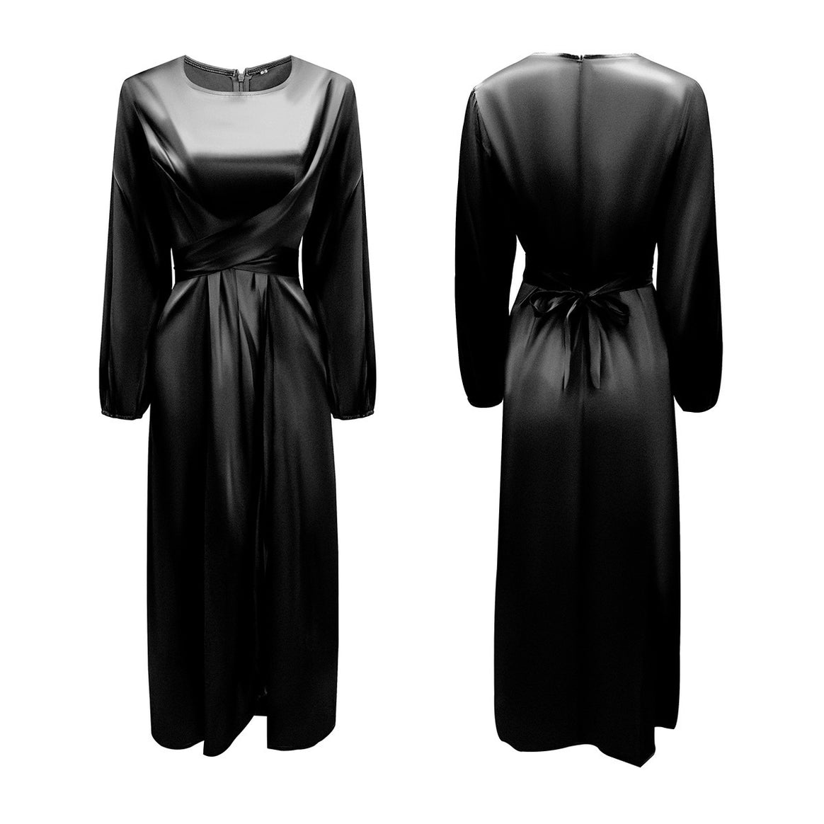 Ladies Elegant Maxi Dress in Satin with Wrap Detail, Long Sleeve and Waistband Mune Fashion