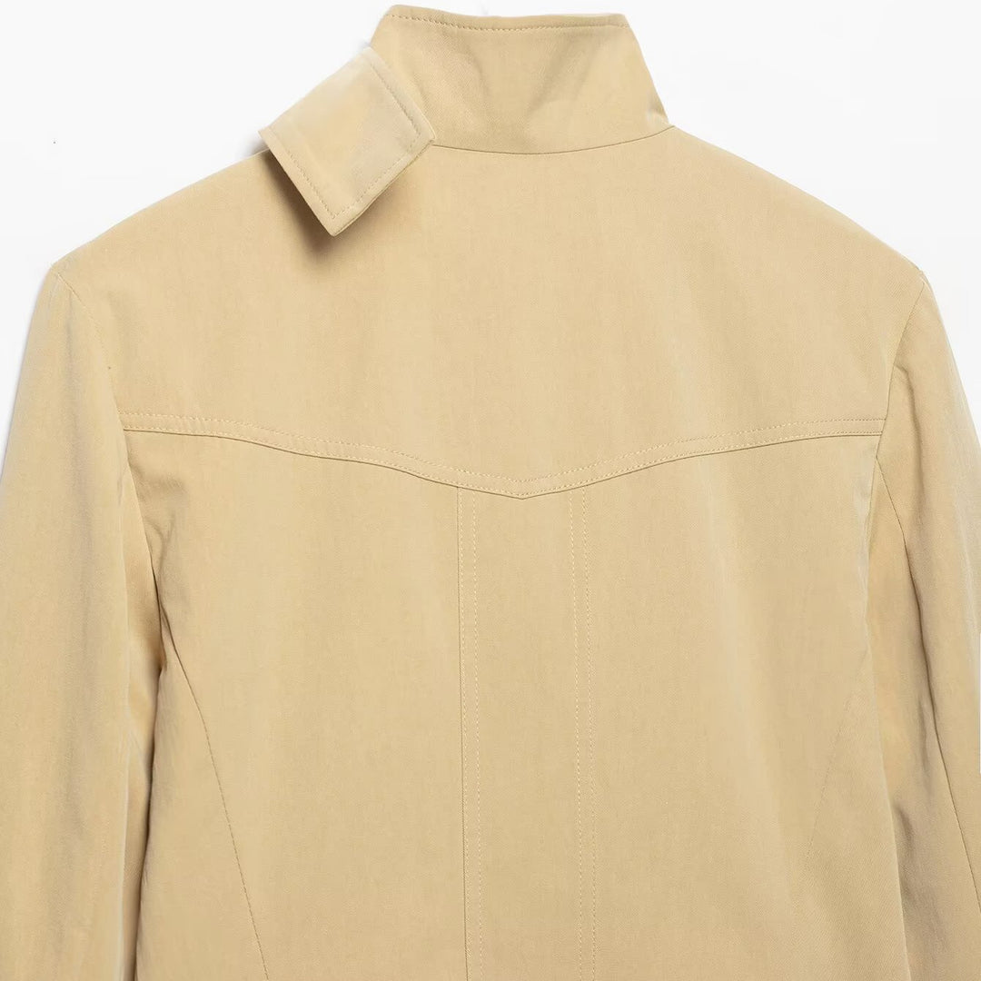 Ladies Short Double-Breasted Utility Jacket with Stand Collar and Flap Pockets Mune Fashion