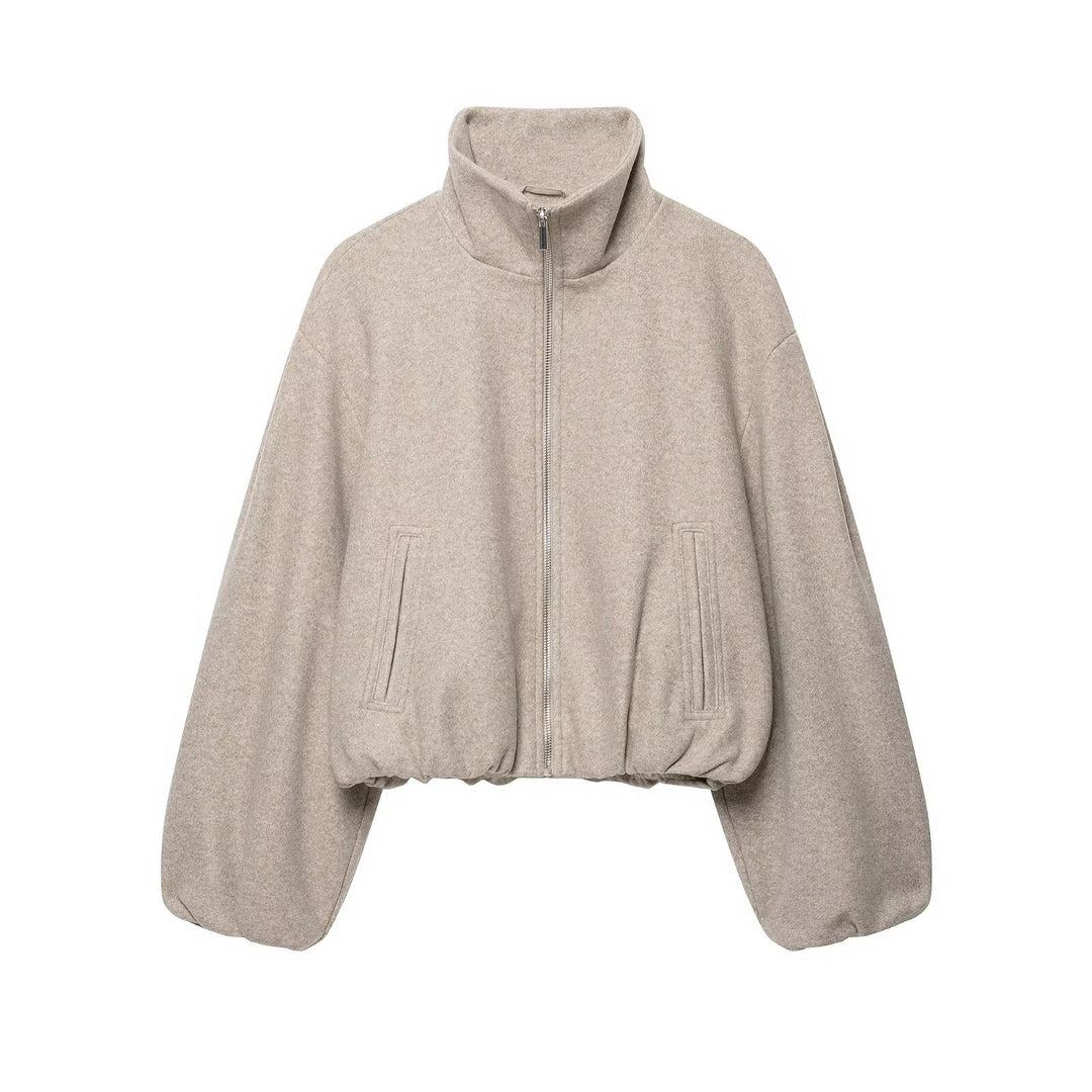 Women's Oversized Short Blouson with Stand-Up Collar, Zipper and Elastic Hem Drune