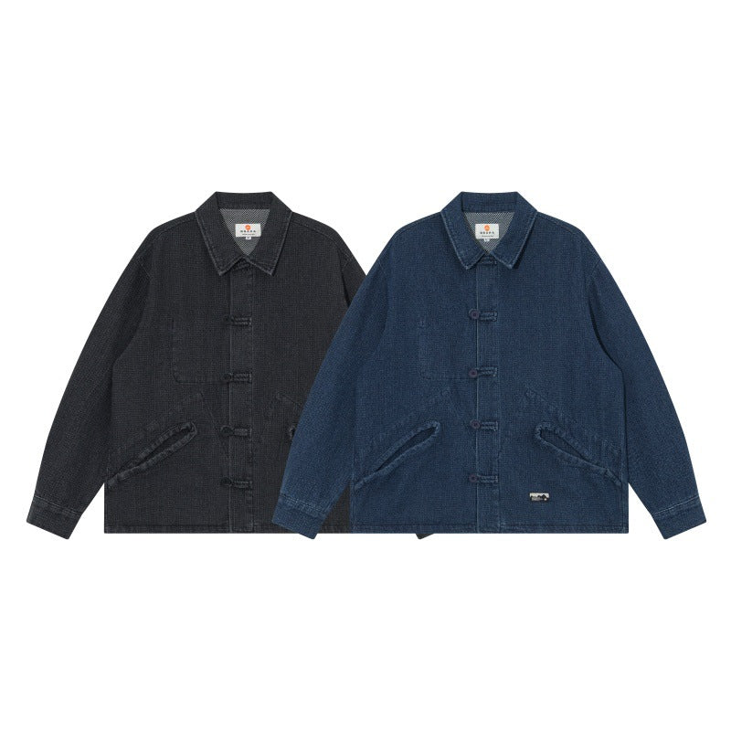 Men's short-cut denim chore jacket in boxy blouson style with Chinese toggle button placket Mune Fashion