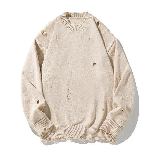 Unisex Oversize Knit Sweater in Destroyed Look with Round Neckline, Chunky Knit and Ribbed Hem Mune Fashion